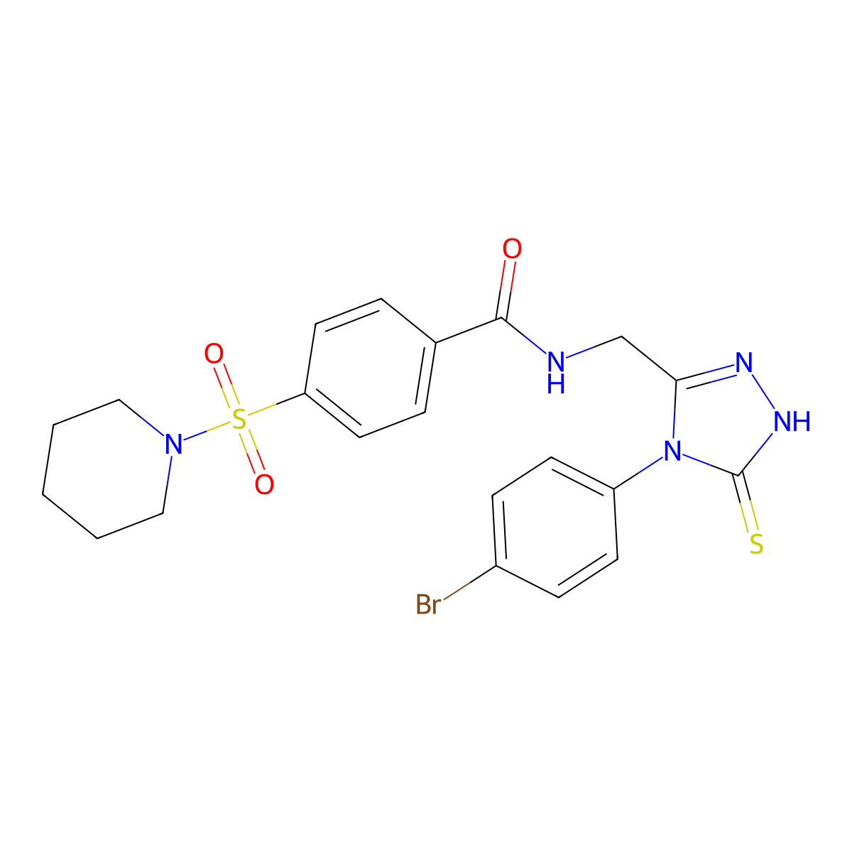 N-((4-(4-bromophenyl)-5-thioxo-4,5-dihydro-1H-1,2,4-triazol-3-yl)methyl)-4-(piperidin-1-ylsulfonyl)benzamide molecular structure, CAS 391888-48-5