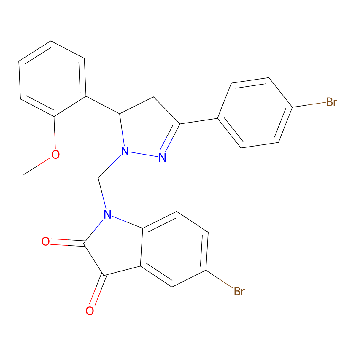 5-bromo-1-((3-(4-bromophenyl)-5-(2-methoxyphenyl)-4,5-dihydro-1H-pyrazol-1-yl)methyl)indoline-2,3-dione molecular structure, CAS 391889-81-9