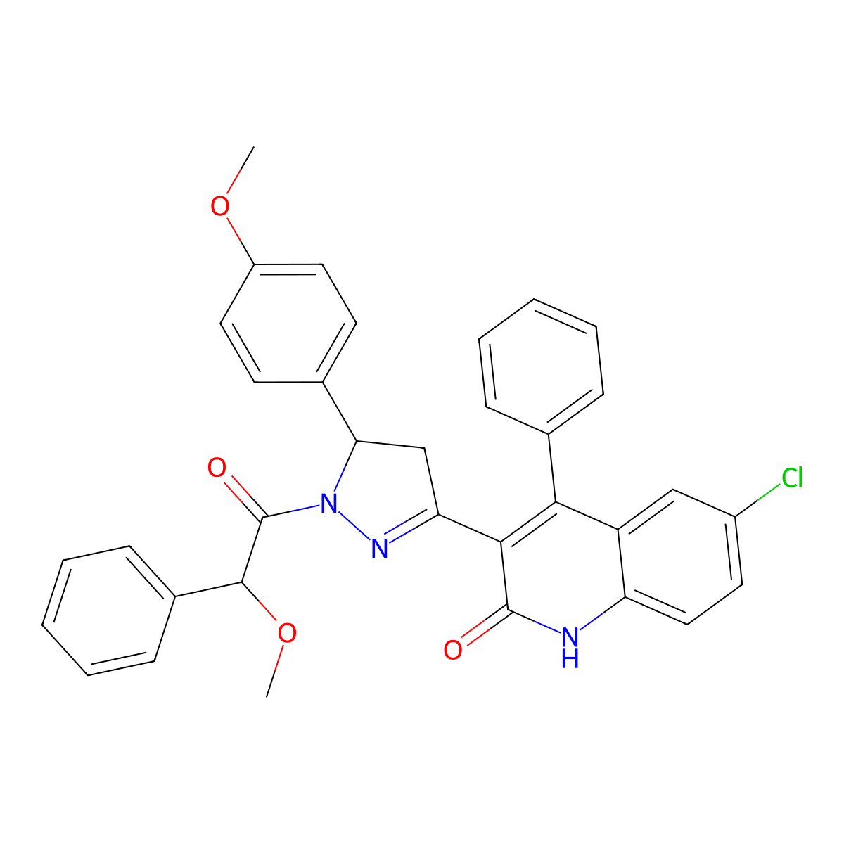 6-chloro-3-(1-(2-methoxy-2-phenylacetyl)-5-(4-methoxyphenyl)-4,5-dihydro-1H-pyrazol-3-yl)-4-phenylquinolin-2(1H)-one molecular structure, CAS 391889-84-2