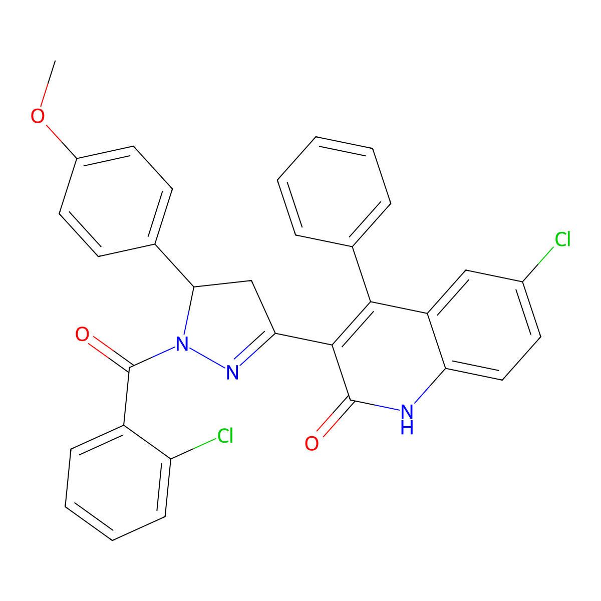 6-chloro-3-(1-(2-chlorobenzoyl)-5-(4-methoxyphenyl)-4,5-dihydro-1H-pyrazol-3-yl)-4-phenylquinolin-2(1H)-one molecular structure, CAS 391889-86-4