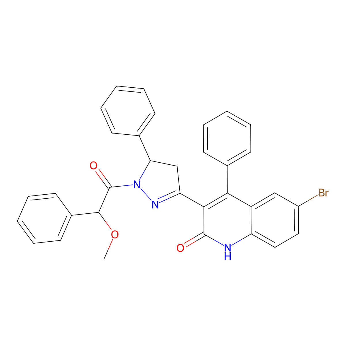6-bromo-3-(1-(2-methoxy-2-phenylacetyl)-5-phenyl-4,5-dihydro-1H-pyrazol-3-yl)-4-phenylquinolin-2(1H)-one molecular structure, CAS 391890-01-0