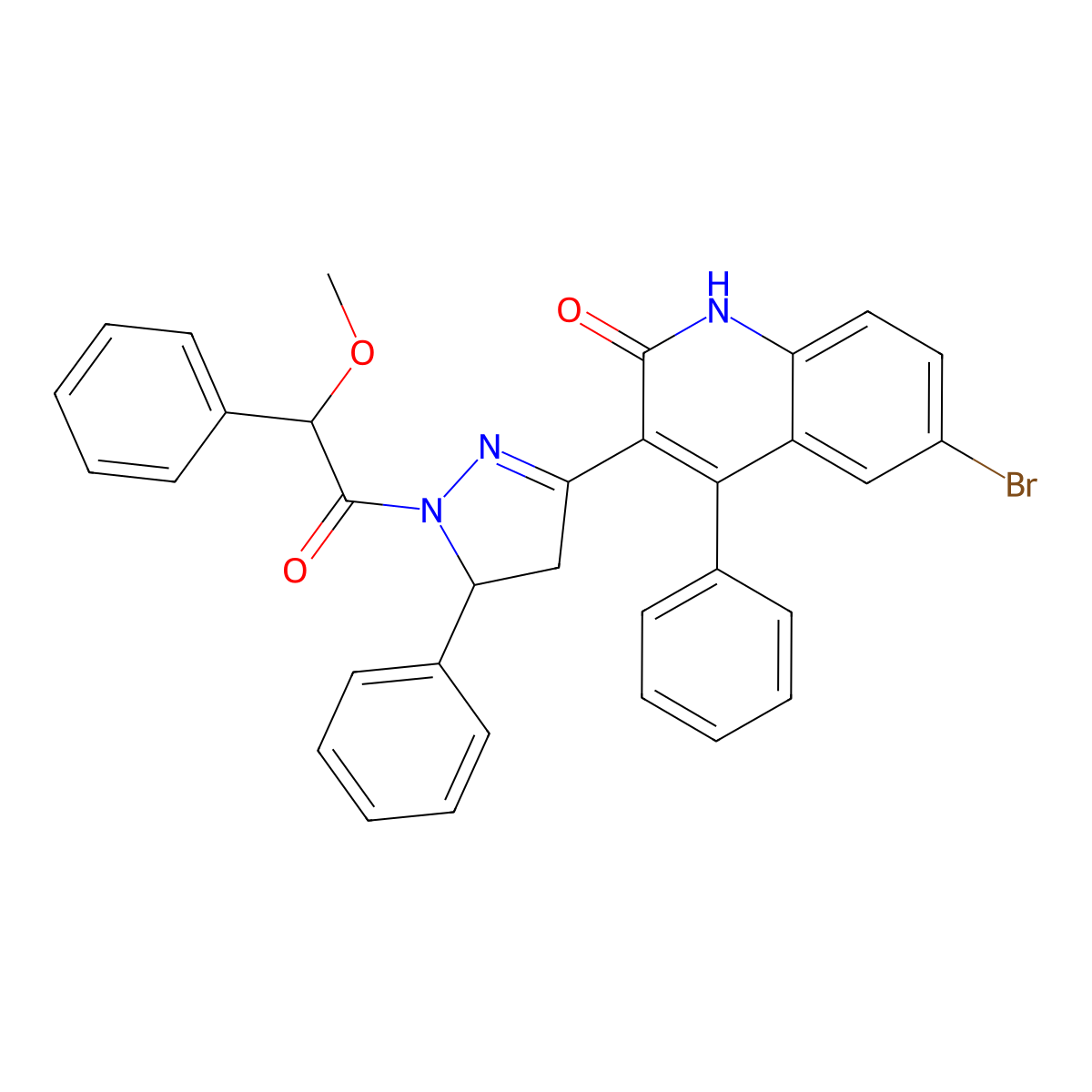 6-bromo-3-(1-(2-methoxy-2-phenylacetyl)-5-phenyl-4,5-dihydro-1H-pyrazol-3-yl)-4-phenylquinolin-2(1H)-one molecular structure, CAS 391890-01-0