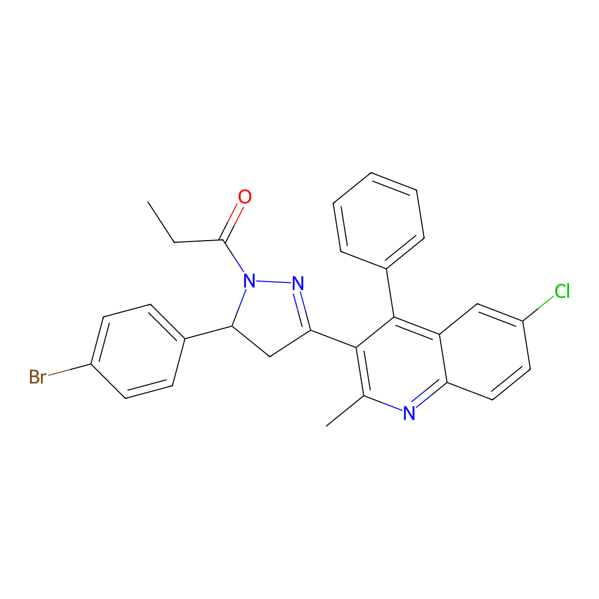 1-(5-(4-bromophenyl)-3-(6-chloro-2-methyl-4-phenylquinolin-3-yl)-4,5-dihydro-1H-pyrazol-1-yl)propan-1-one molecular structure, CAS 391890-02-1