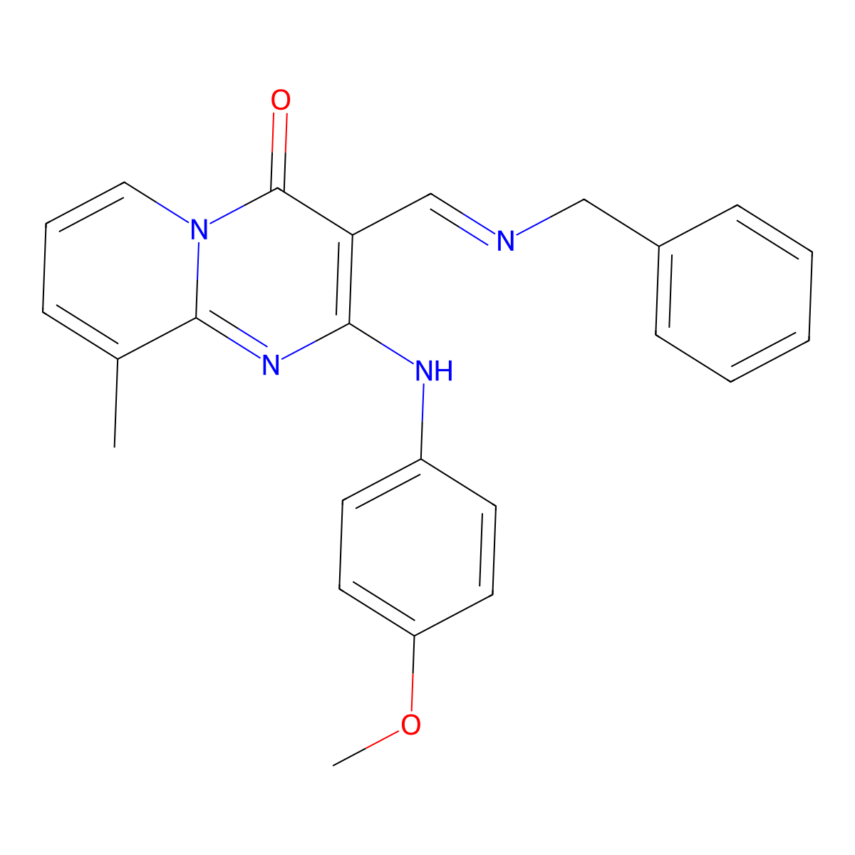 (E)-3-((benzylimino)methyl)-2-((4-methoxyphenyl)amino)-9-methyl-4H-pyrido[1,2-a]pyrimidin-4-one molecular structure, CAS 391890-10-1