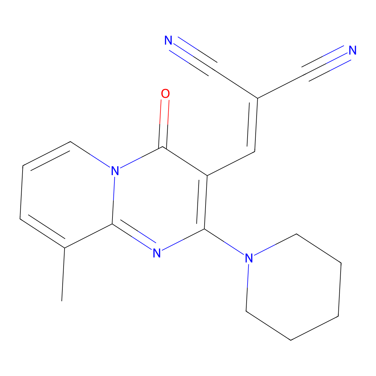 2-((9-methyl-4-oxo-2-(piperidin-1-yl)-4H-pyrido[1,2-a]pyrimidin-3-yl)methylene)malononitrile molecular structure, CAS 391890-14-5