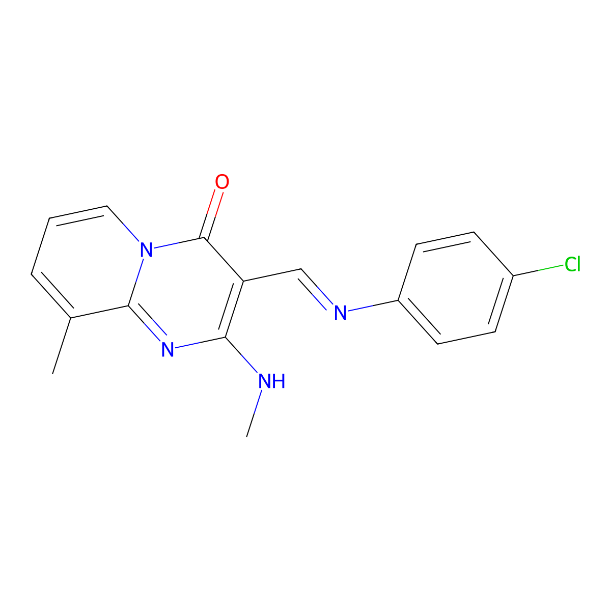 (E)-3-(((4-chlorophenyl)imino)methyl)-9-methyl-2-(methylamino)-4H-pyrido[1,2-a]pyrimidin-4-one molecular structure, CAS 391890-17-8