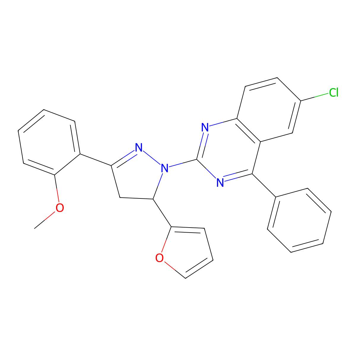 6-chloro-2-(5-(furan-2-yl)-3-(2-methoxyphenyl)-4,5-dihydro-1H-pyrazol-1-yl)-4-phenylquinazoline molecular structure, CAS 391890-58-7