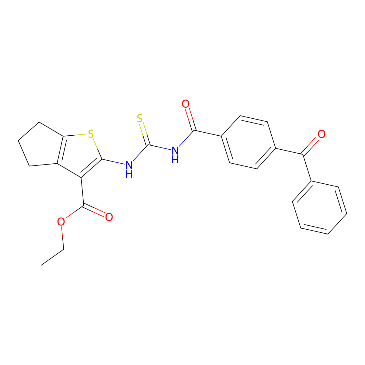ethyl 2-(3-(4-benzoylbenzoyl)thioureido)-5,6-dihydro-4H-cyclopenta[b]thiophene-3-carboxylate molecular structure, CAS 391896-55-2