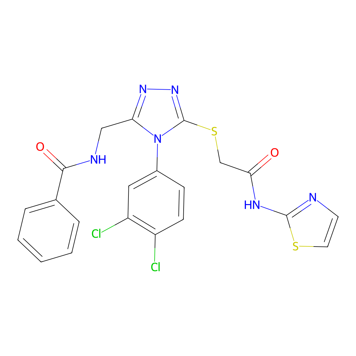 N-((4-(3,4-dichlorophenyl)-5-((2-oxo-2-(thiazol-2-ylamino)ethyl)thio)-4H-1,2,4-triazol-3-yl)methyl)benzamide molecular structure, CAS 391897-48-6