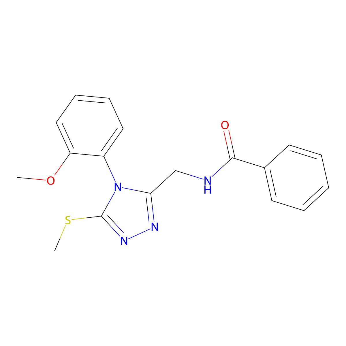 N-((4-(2-methoxyphenyl)-5-(methylthio)-4H-1,2,4-triazol-3-yl)methyl)benzamide molecular structure, CAS 391897-53-3