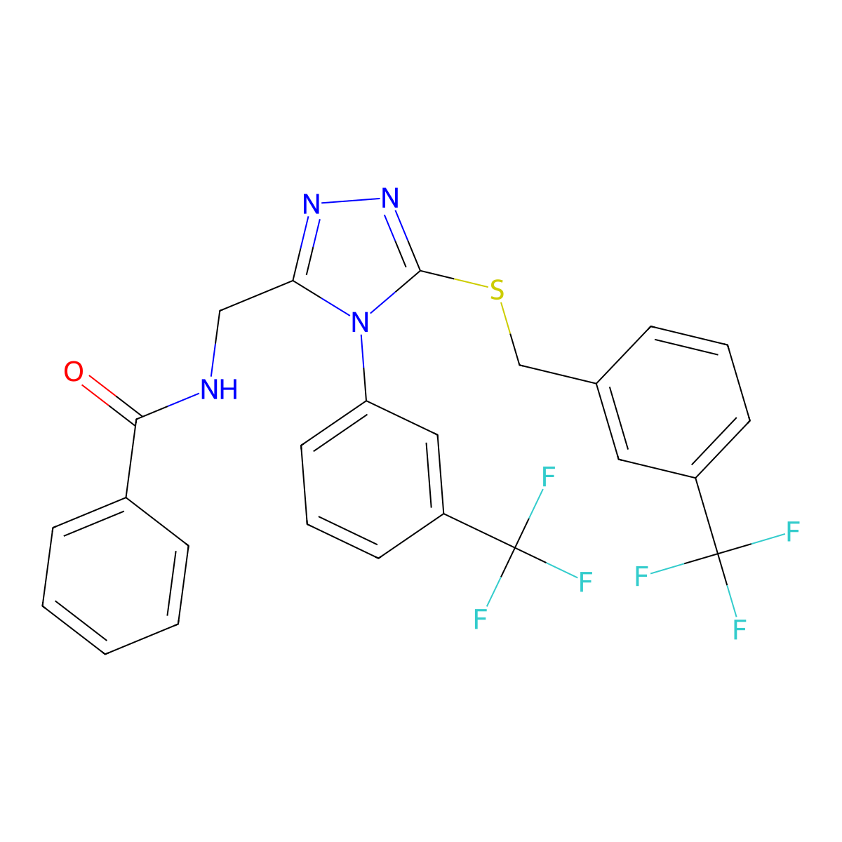 N-((5-((3-(trifluoromethyl)benzyl)thio)-4-(3-(trifluoromethyl)phenyl)-4H-1,2,4-triazol-3-yl)methyl)benzamide molecular structure, CAS 391898-00-3