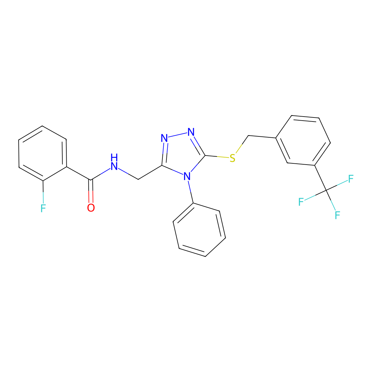 2-fluoro-N-((4-phenyl-5-((3-(trifluoromethyl)benzyl)thio)-4H-1,2,4-triazol-3-yl)methyl)benzamide molecular structure, CAS 391898-10-5
