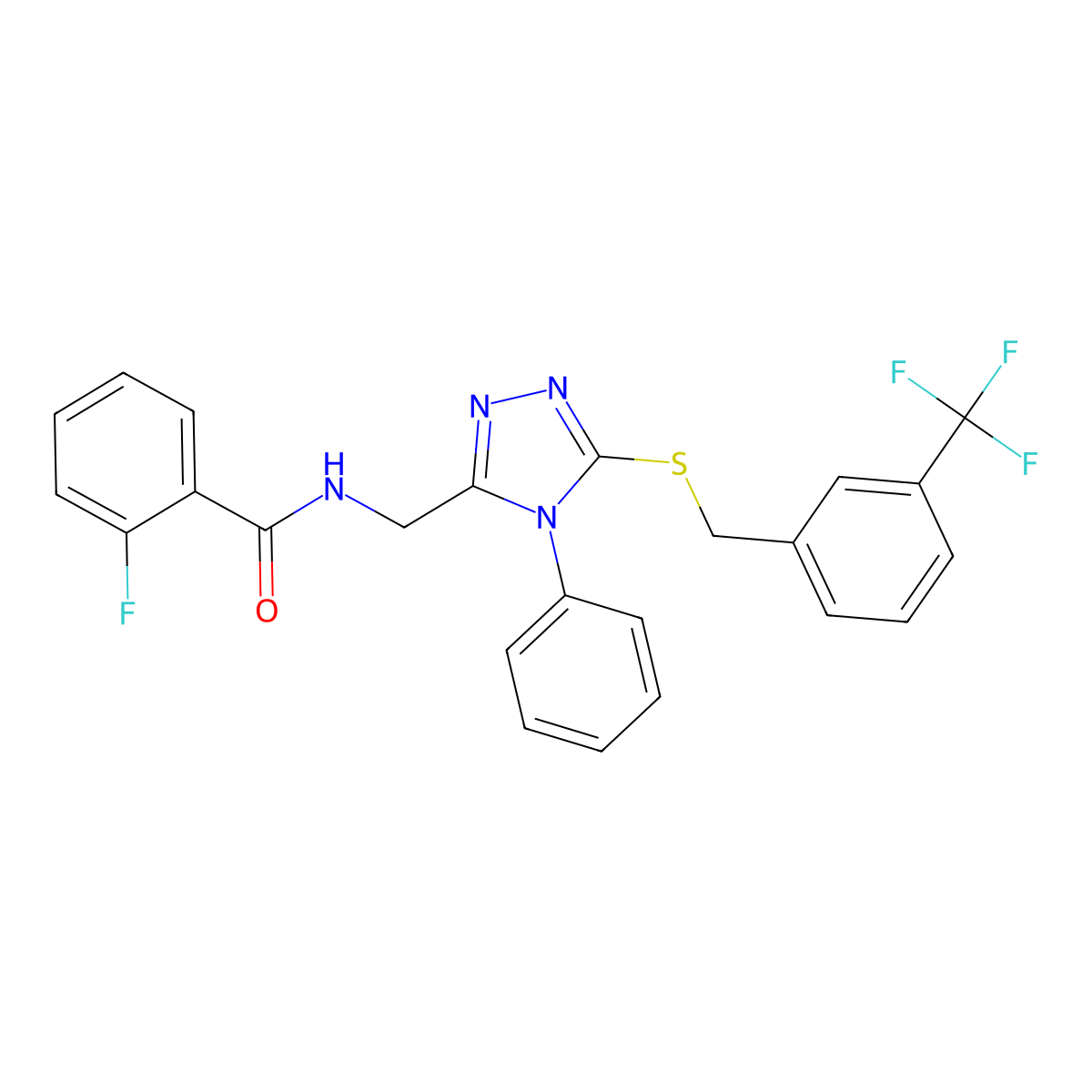 2-fluoro-N-((4-phenyl-5-((3-(trifluoromethyl)benzyl)thio)-4H-1,2,4-triazol-3-yl)methyl)benzamide molecular structure, CAS 391898-10-5