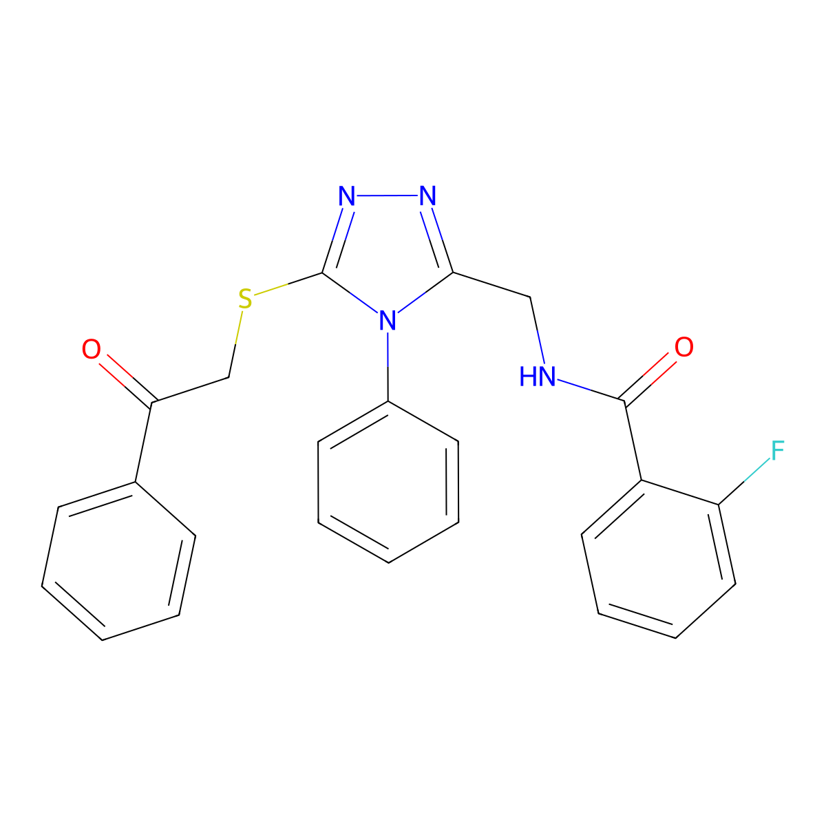 2-fluoro-N-[(5-phenacylsulfanyl-4-phenyl-1,2,4-triazol-3-yl)methyl]benzamide molecular structure, CAS 391898-11-6