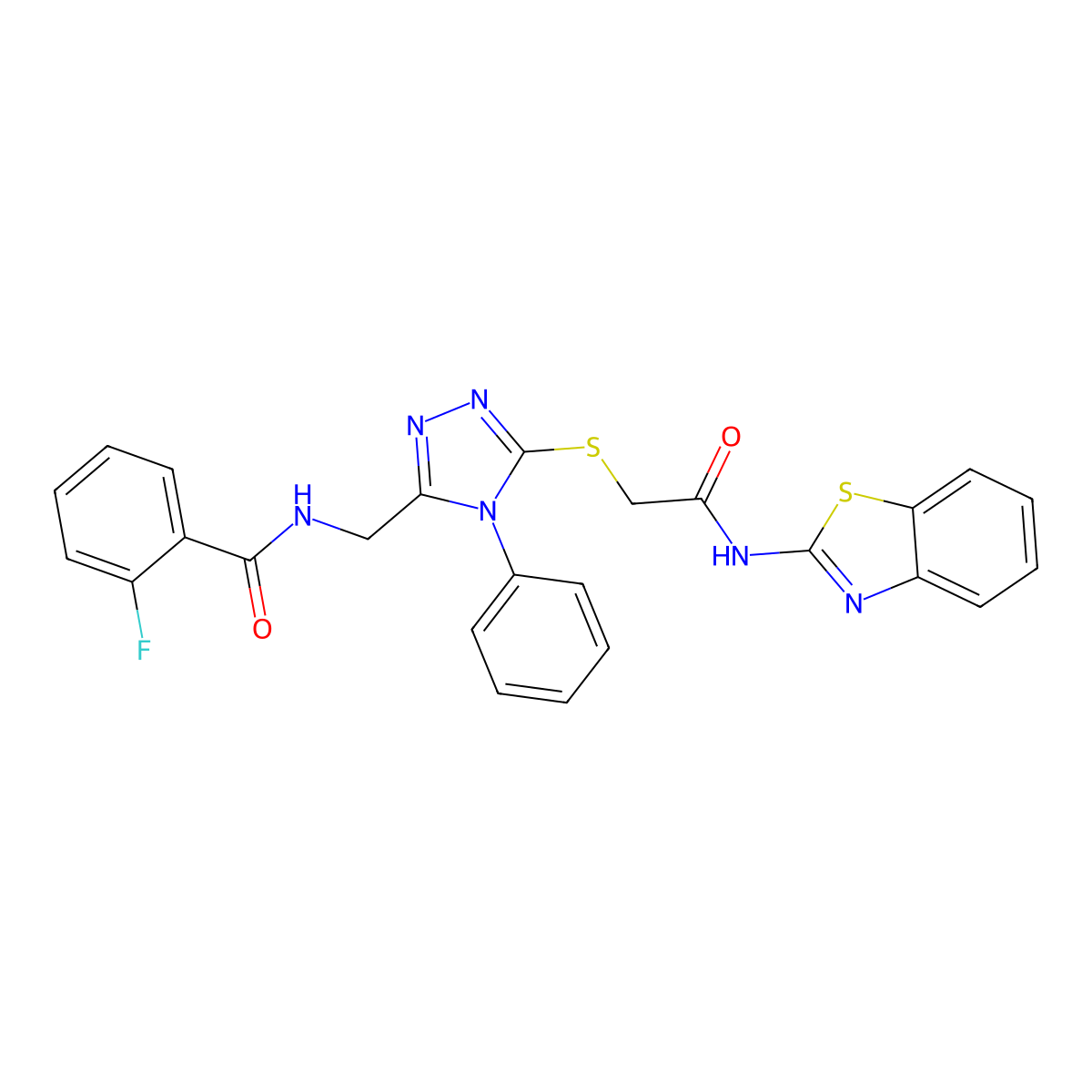 N-((5-((2-(benzo[d]thiazol-2-ylamino)-2-oxoethyl)thio)-4-phenyl-4H-1,2,4-triazol-3-yl)methyl)-2-fluorobenzamide molecular structure, CAS 391898-21-8
