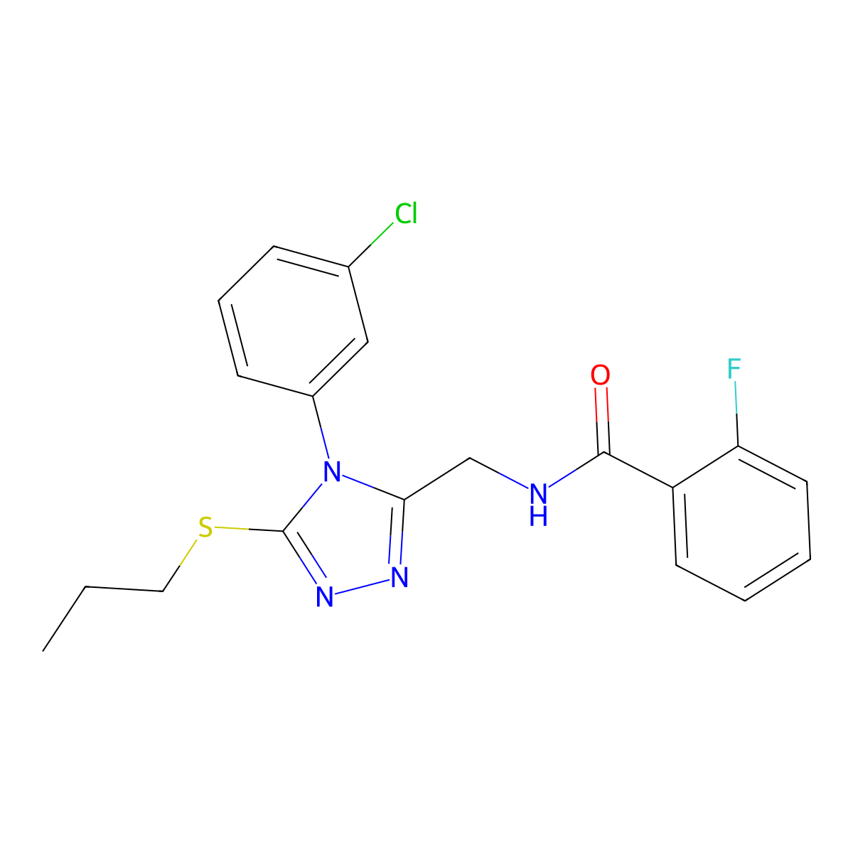N-((4-(3-chlorophenyl)-5-(propylthio)-4H-1,2,4-triazol-3-yl)methyl)-2-fluorobenzamide molecular structure, CAS 391898-27-4