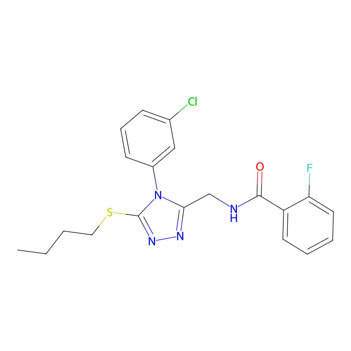 N-[[5-butylsulfanyl-4-(3-chlorophenyl)-1,2,4-triazol-3-yl]methyl]-2-fluorobenzamide molecular structure, CAS 391898-28-5