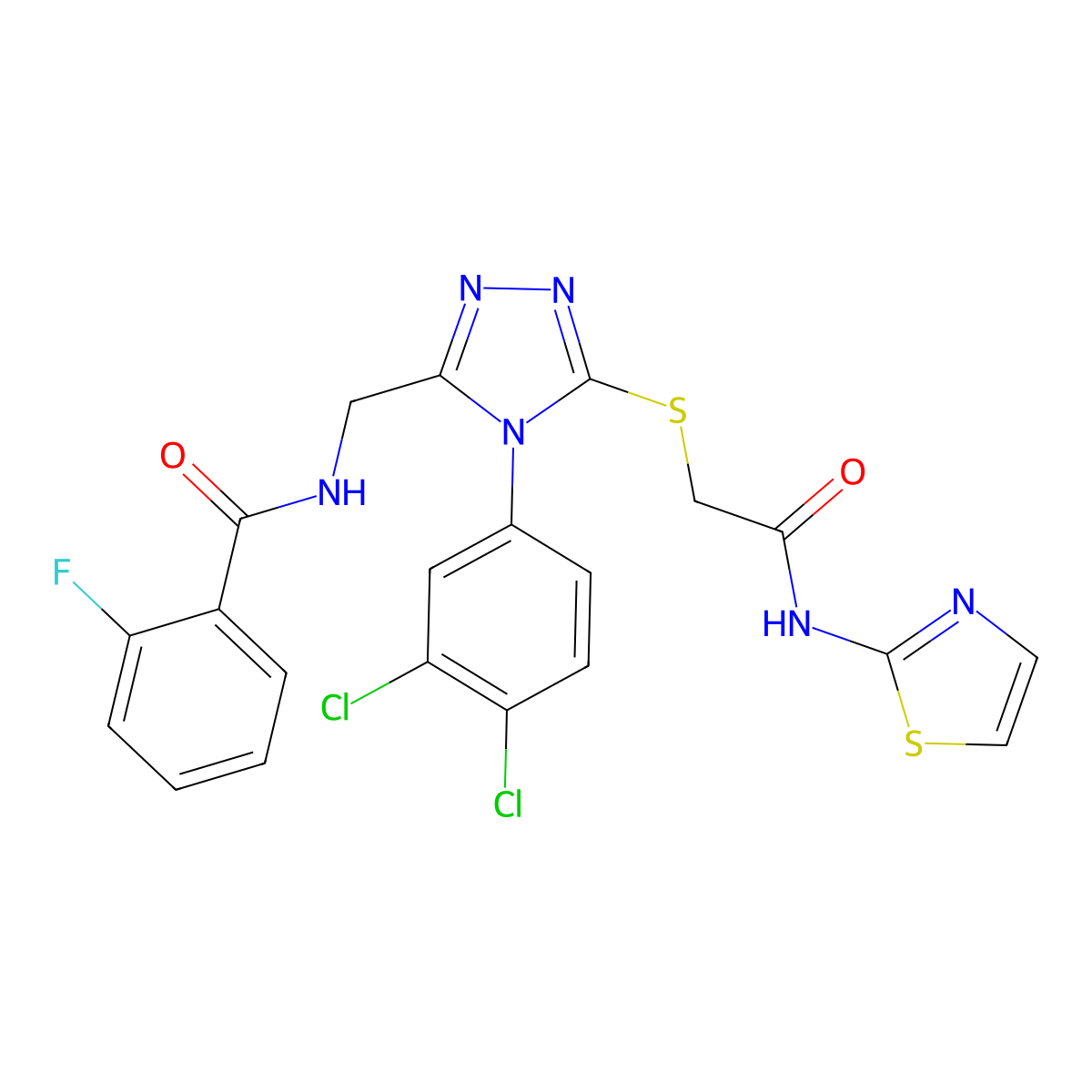 N-((4-(3,4-dichlorophenyl)-5-((2-oxo-2-(thiazol-2-ylamino)ethyl)thio)-4H-1,2,4-triazol-3-yl)methyl)-2-fluorobenzamide molecular structure, CAS 391898-60-5