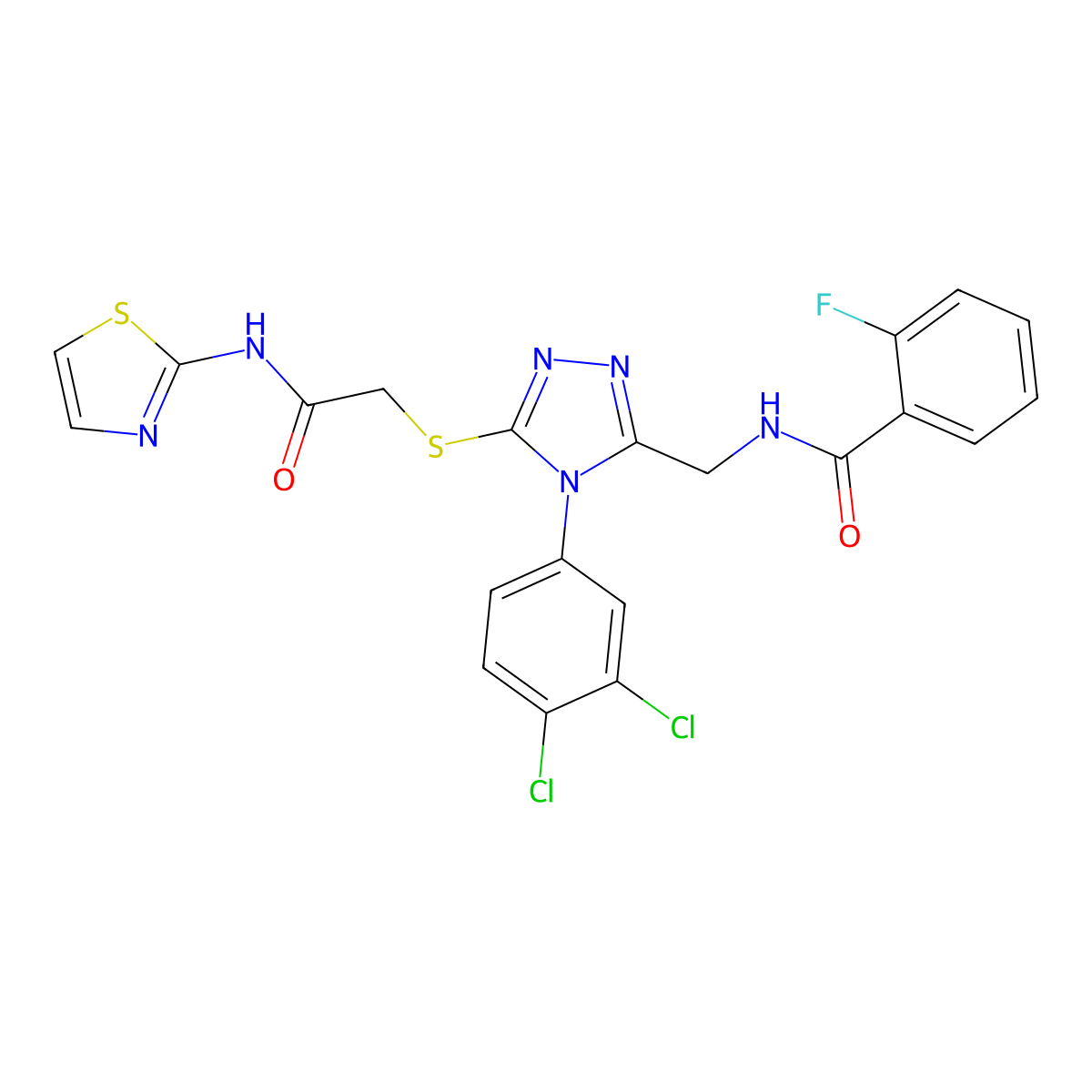 N-((4-(3,4-dichlorophenyl)-5-((2-oxo-2-(thiazol-2-ylamino)ethyl)thio)-4H-1,2,4-triazol-3-yl)methyl)-2-fluorobenzamide molecular structure, CAS 391898-60-5