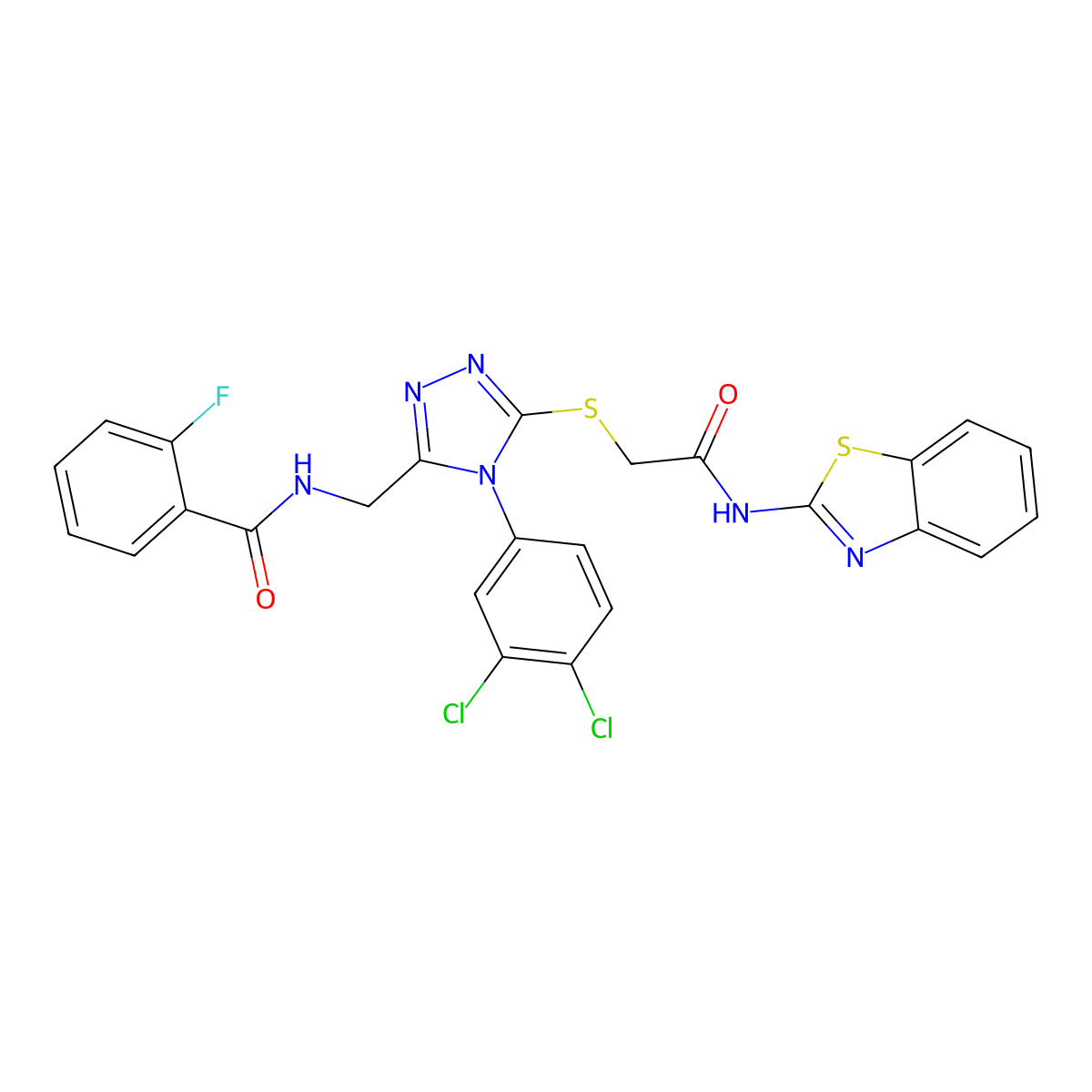 N-((5-((2-(benzo[d]thiazol-2-ylamino)-2-oxoethyl)thio)-4-(3,4-dichlorophenyl)-4H-1,2,4-triazol-3-yl)methyl)-2-fluorobenzamide molecular structure, CAS 391898-61-6
