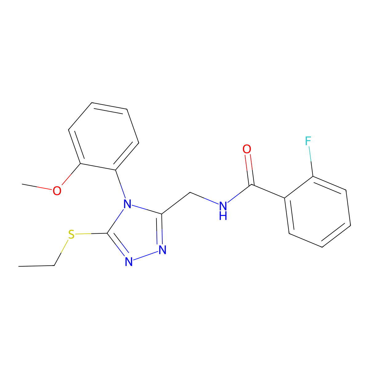 N-[[5-ethylsulfanyl-4-(2-methoxyphenyl)-1,2,4-triazol-3-yl]methyl]-2-fluorobenzamide molecular structure, CAS 391898-67-2