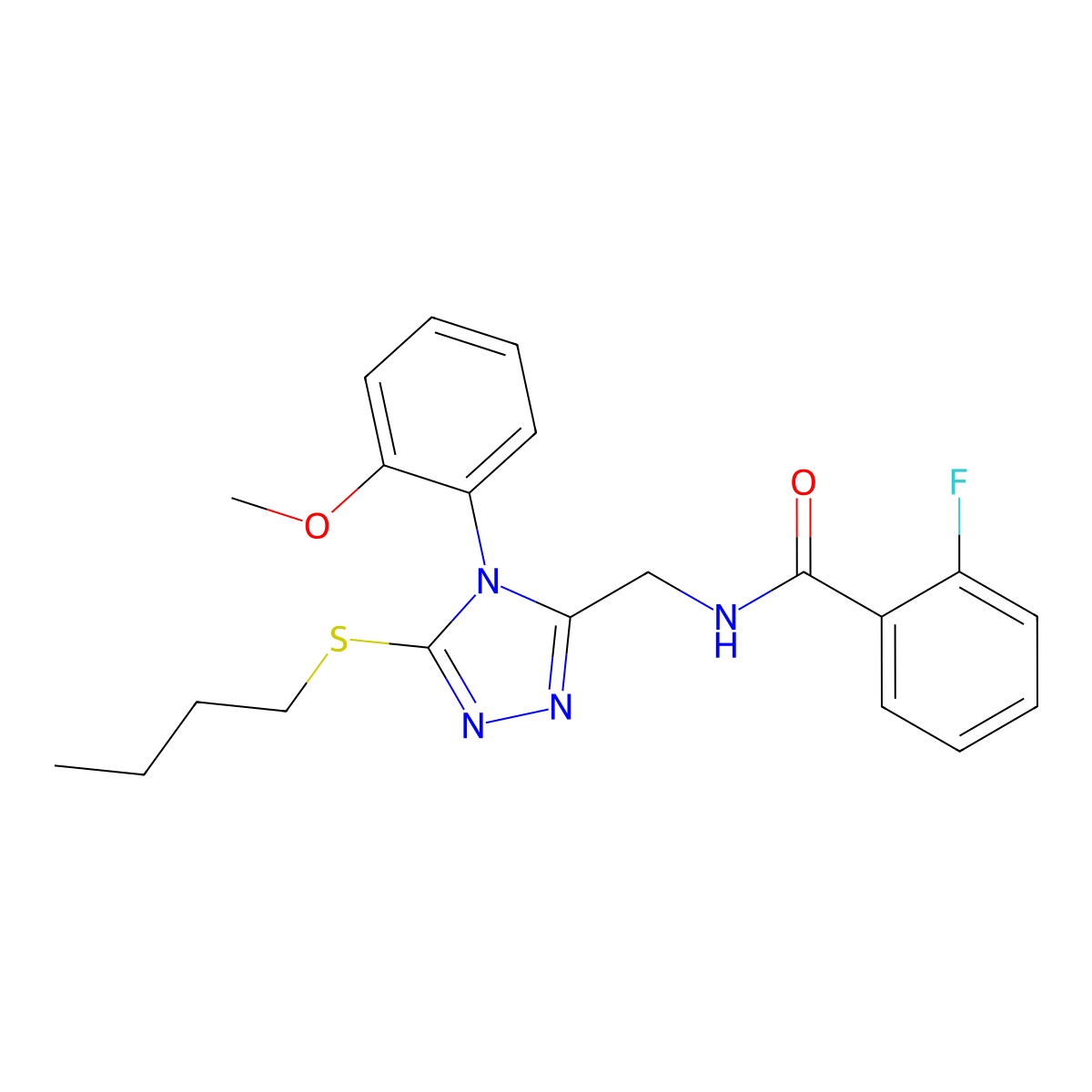 N-[[5-butylsulfanyl-4-(2-methoxyphenyl)-1,2,4-triazol-3-yl]methyl]-2-fluorobenzamide molecular structure, CAS 391898-69-4