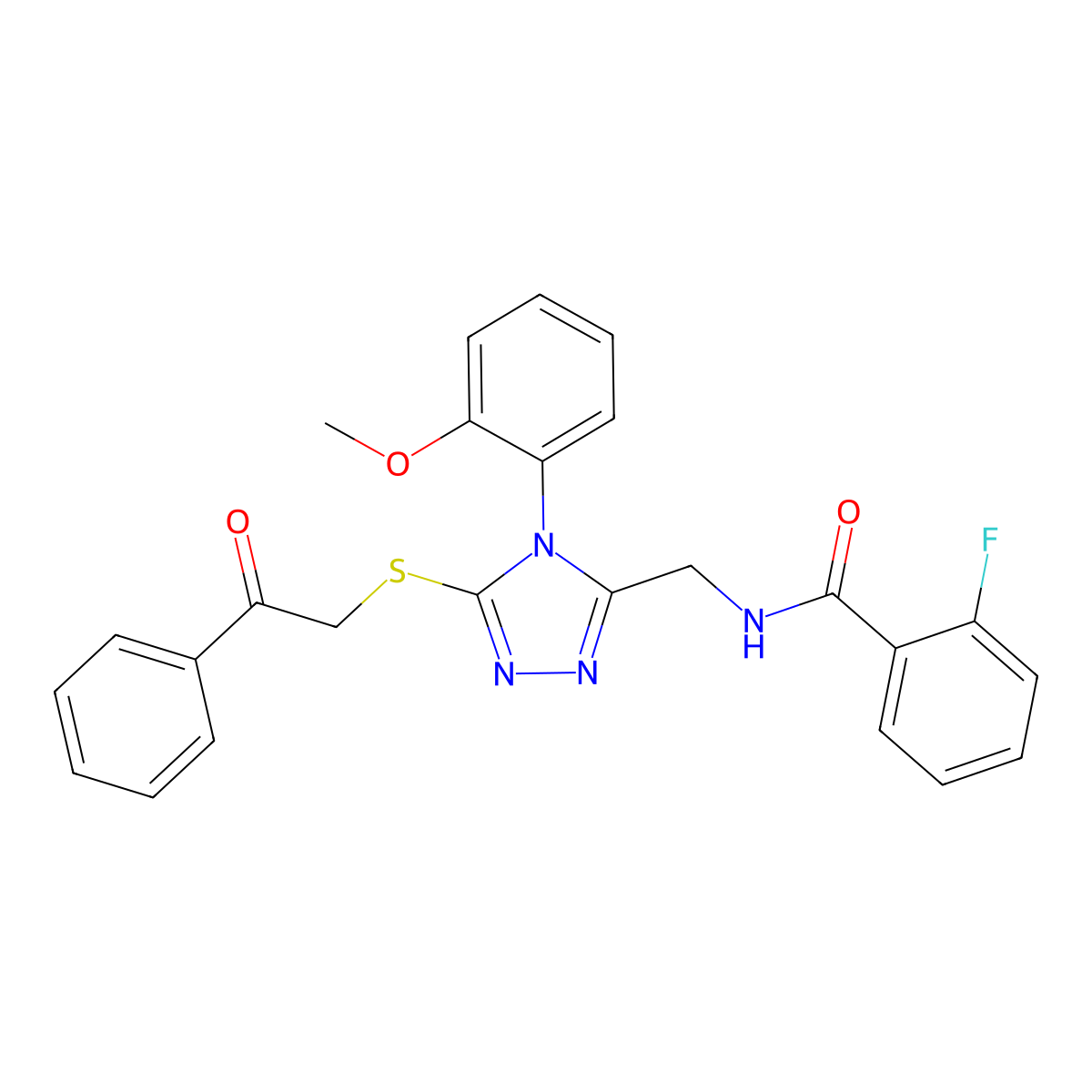 2-fluoro-N-[[4-(2-methoxyphenyl)-5-phenacylsulfanyl-1,2,4-triazol-3-yl]methyl]benzamide molecular structure, CAS 391898-72-9