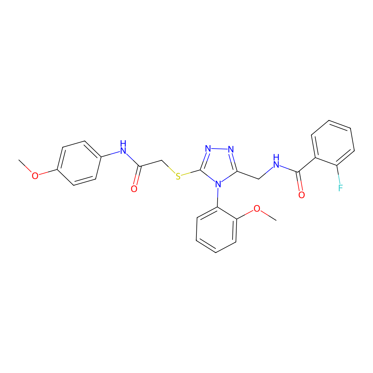 2-fluoro-N-((4-(2-methoxyphenyl)-5-((2-((4-methoxyphenyl)amino)-2-oxoethyl)thio)-4H-1,2,4-triazol-3-yl)methyl)benzamide molecular structure, CAS 391898-74-1
