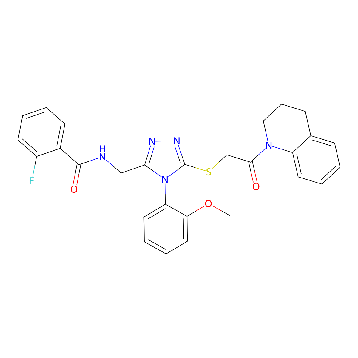 N-((5-((2-(3,4-dihydroquinolin-1(2H)-yl)-2-oxoethyl)thio)-4-(2-methoxyphenyl)-4H-1,2,4-triazol-3-yl)methyl)-2-fluorobenzamide molecular structure, CAS 391898-79-6