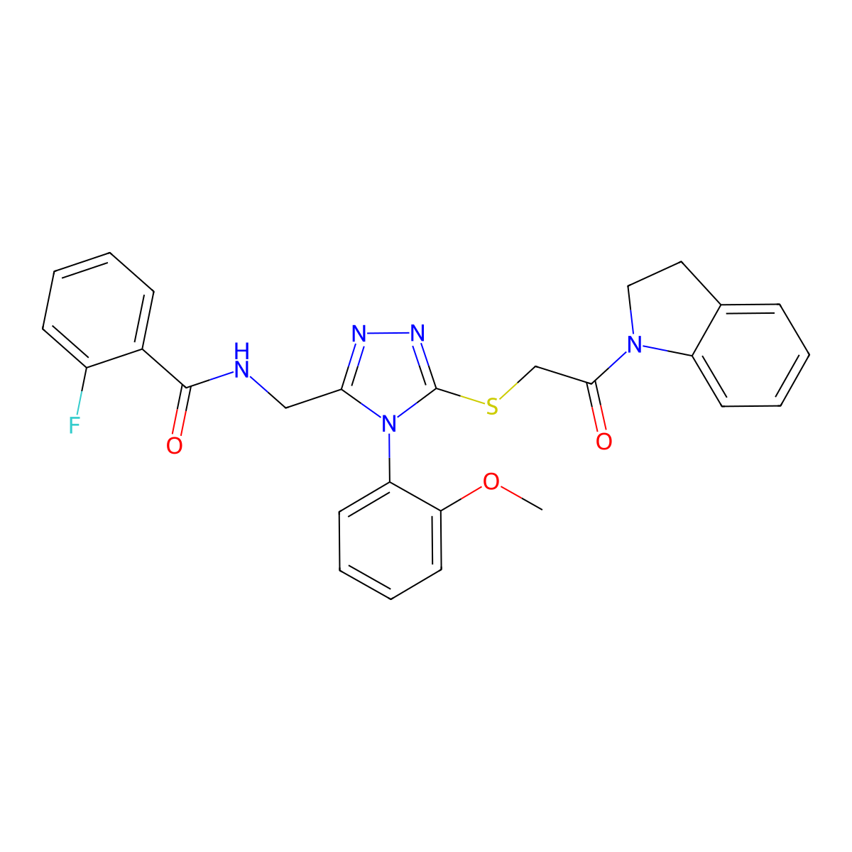 2-fluoro-N-((5-((2-(indolin-1-yl)-2-oxoethyl)thio)-4-(2-methoxyphenyl)-4H-1,2,4-triazol-3-yl)methyl)benzamide molecular structure, CAS 391898-80-9