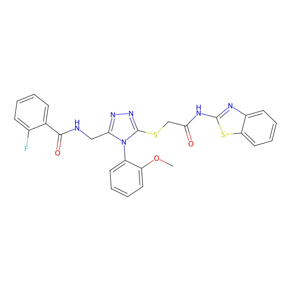 N-((5-((2-(benzo[d]thiazol-2-ylamino)-2-oxoethyl)thio)-4-(2-methoxyphenyl)-4H-1,2,4-triazol-3-yl)methyl)-2-fluorobenzamide molecular structure, CAS 391898-82-1