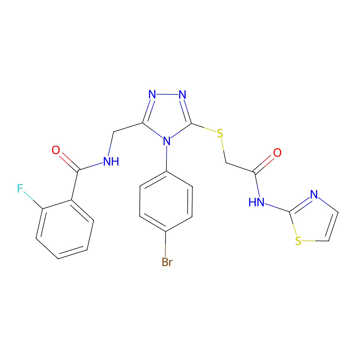 N-((4-(4-bromophenyl)-5-((2-oxo-2-(thiazol-2-ylamino)ethyl)thio)-4H-1,2,4-triazol-3-yl)methyl)-2-fluorobenzamide molecular structure, CAS 391899-00-6