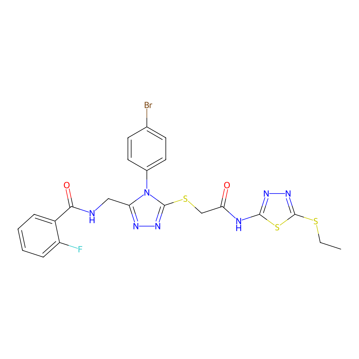 N-((4-(4-bromophenyl)-5-((2-((5-(ethylthio)-1,3,4-thiadiazol-2-yl)amino)-2-oxoethyl)thio)-4H-1,2,4-triazol-3-yl)methyl)-2-fluorobenzamide molecular structure, CAS 391899-03-9