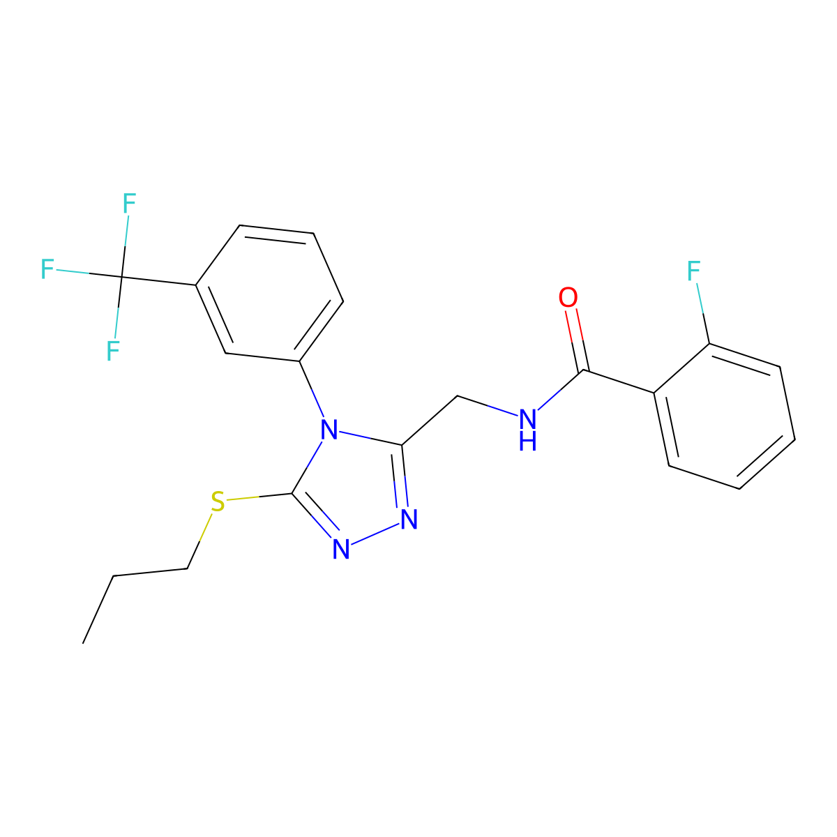 2-fluoro-N-((5-(propylthio)-4-(3-(trifluoromethyl)phenyl)-4H-1,2,4-triazol-3-yl)methyl)benzamide molecular structure, CAS 391899-47-1