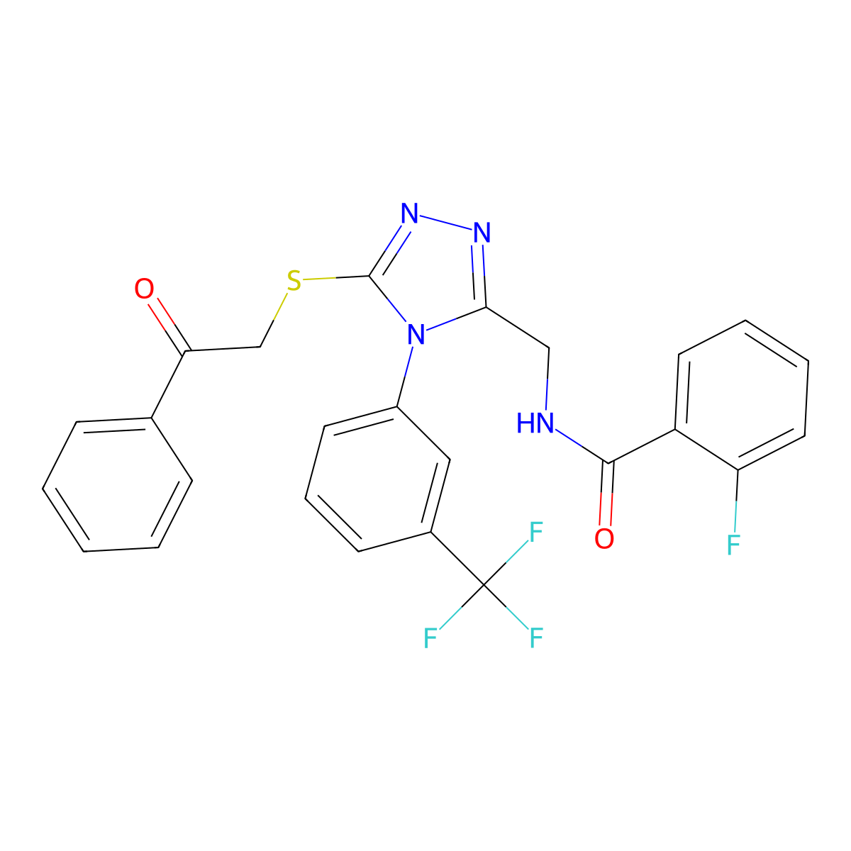 2-fluoro-N-[[5-phenacylsulfanyl-4-[3-(trifluoromethyl)phenyl]-1,2,4-triazol-3-yl]methyl]benzamide molecular structure, CAS 391899-51-7