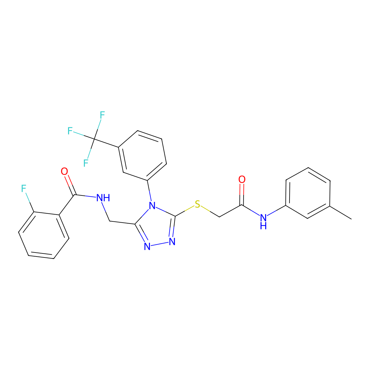 2-fluoro-N-[[5-[2-(3-methylanilino)-2-oxoethyl]sulfanyl-4-[3-(trifluoromethyl)phenyl]-1,2,4-triazol-3-yl]methyl]benzamide molecular structure, CAS 391899-52-8