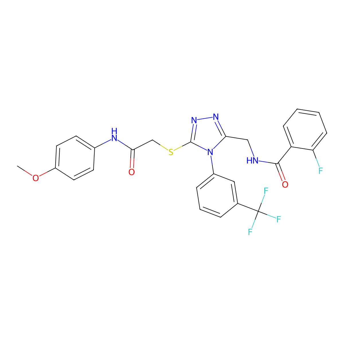2-fluoro-N-[[5-[2-(4-methoxyanilino)-2-oxoethyl]sulfanyl-4-[3-(trifluoromethyl)phenyl]-1,2,4-triazol-3-yl]methyl]benzamide molecular structure, CAS 391899-53-9