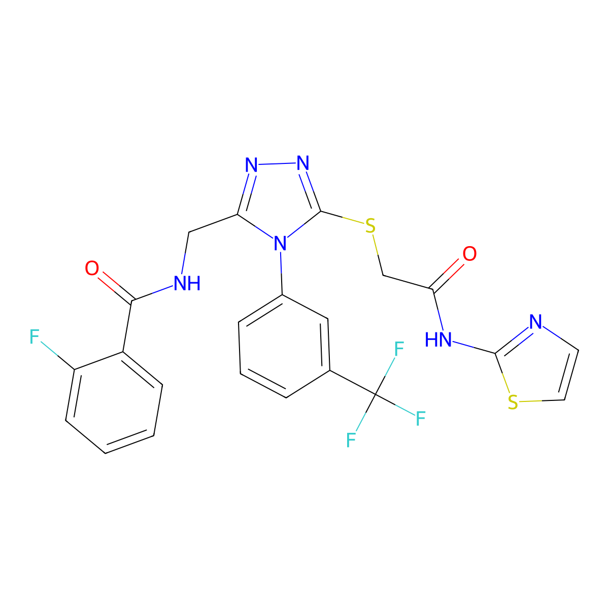 2-fluoro-N-((5-((2-oxo-2-(thiazol-2-ylamino)ethyl)thio)-4-(3-(trifluoromethyl)phenyl)-4H-1,2,4-triazol-3-yl)methyl)benzamide molecular structure, CAS 391899-59-5