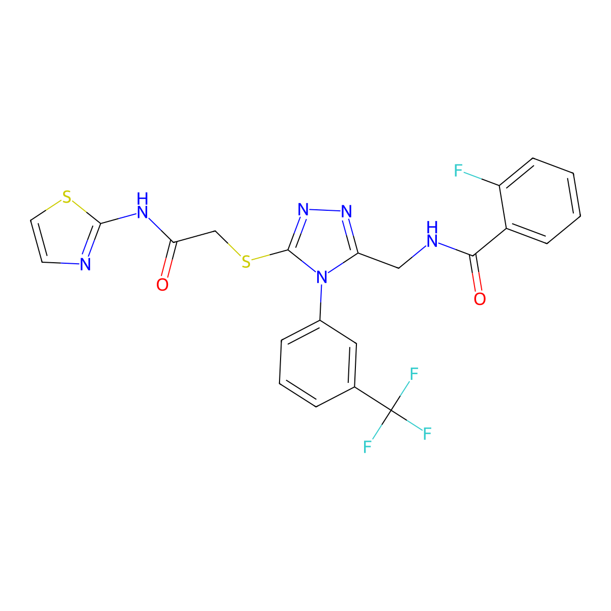 2-fluoro-N-((5-((2-oxo-2-(thiazol-2-ylamino)ethyl)thio)-4-(3-(trifluoromethyl)phenyl)-4H-1,2,4-triazol-3-yl)methyl)benzamide molecular structure, CAS 391899-59-5
