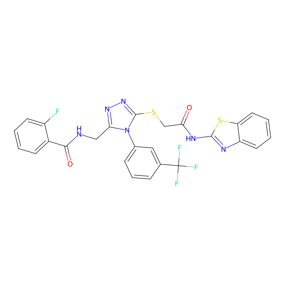N-((5-((2-(benzo[d]thiazol-2-ylamino)-2-oxoethyl)thio)-4-(3-(trifluoromethyl)phenyl)-4H-1,2,4-triazol-3-yl)methyl)-2-fluorobenzamide molecular structure, CAS 391899-60-8