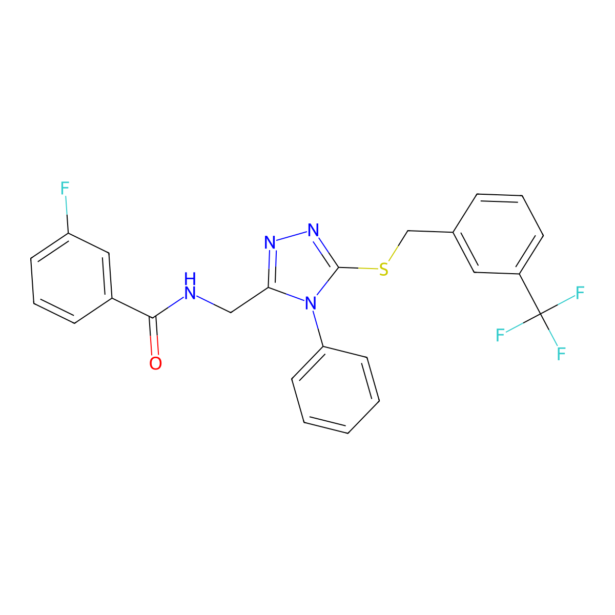 3-fluoro-N-((4-phenyl-5-((3-(trifluoromethyl)benzyl)thio)-4H-1,2,4-triazol-3-yl)methyl)benzamide molecular structure, CAS 391899-69-7