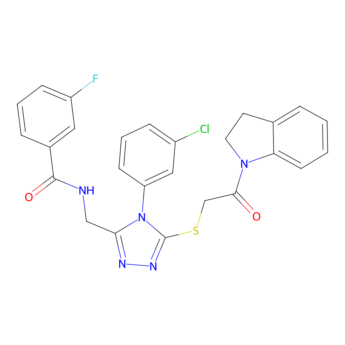 N-((4-(3-chlorophenyl)-5-((2-(indolin-1-yl)-2-oxoethyl)thio)-4H-1,2,4-triazol-3-yl)methyl)-3-fluorobenzamide molecular structure, CAS 391914-69-5