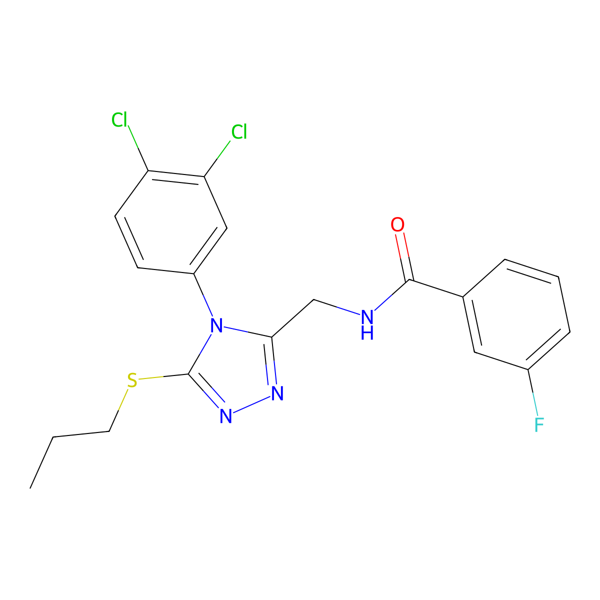 N-((4-(3,4-dichlorophenyl)-5-(propylthio)-4H-1,2,4-triazol-3-yl)methyl)-3-fluorobenzamide molecular structure, CAS 391914-77-5
