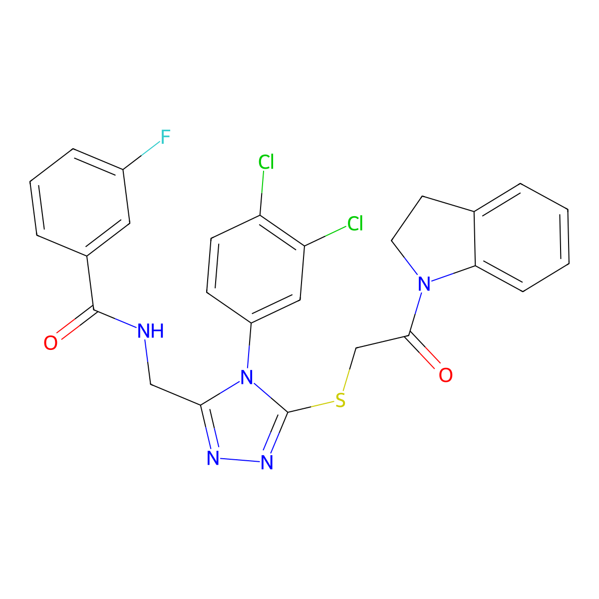 N-((4-(3,4-dichlorophenyl)-5-((2-(indolin-1-yl)-2-oxoethyl)thio)-4H-1,2,4-triazol-3-yl)methyl)-3-fluorobenzamide molecular structure, CAS 391914-89-9