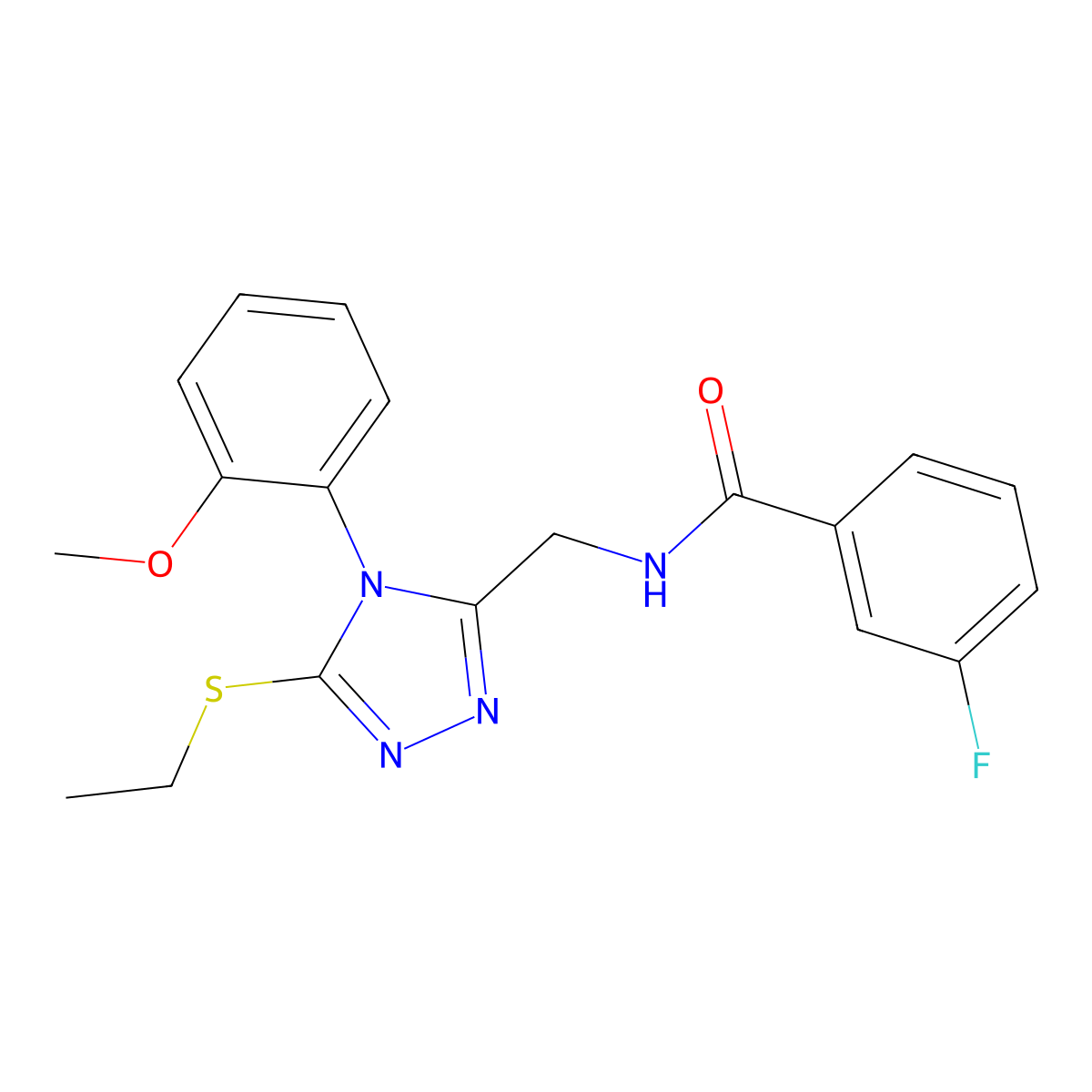 N-[[5-ethylsulfanyl-4-(2-methoxyphenyl)-1,2,4-triazol-3-yl]methyl]-3-fluorobenzamide molecular structure, CAS 391914-96-8