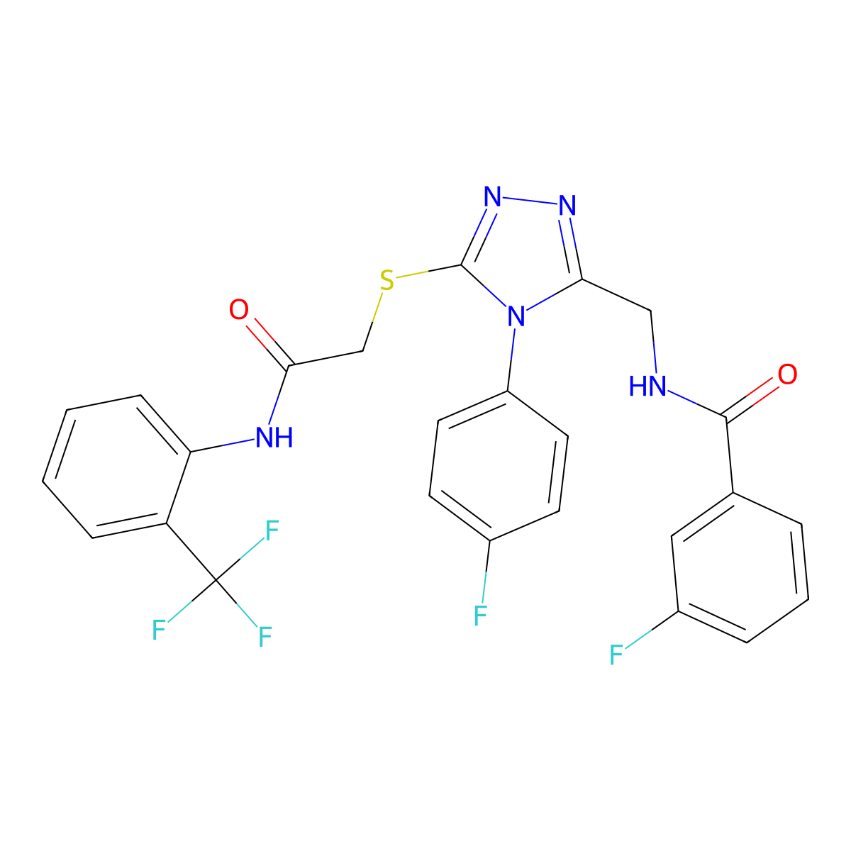 3-fluoro-N-[[4-(4-fluorophenyl)-5-[2-oxo-2-[2-(trifluoromethyl)anilino]ethyl]sulfanyl-1,2,4-triazol-3-yl]methyl]benzamide molecular structure, CAS 391915-22-3