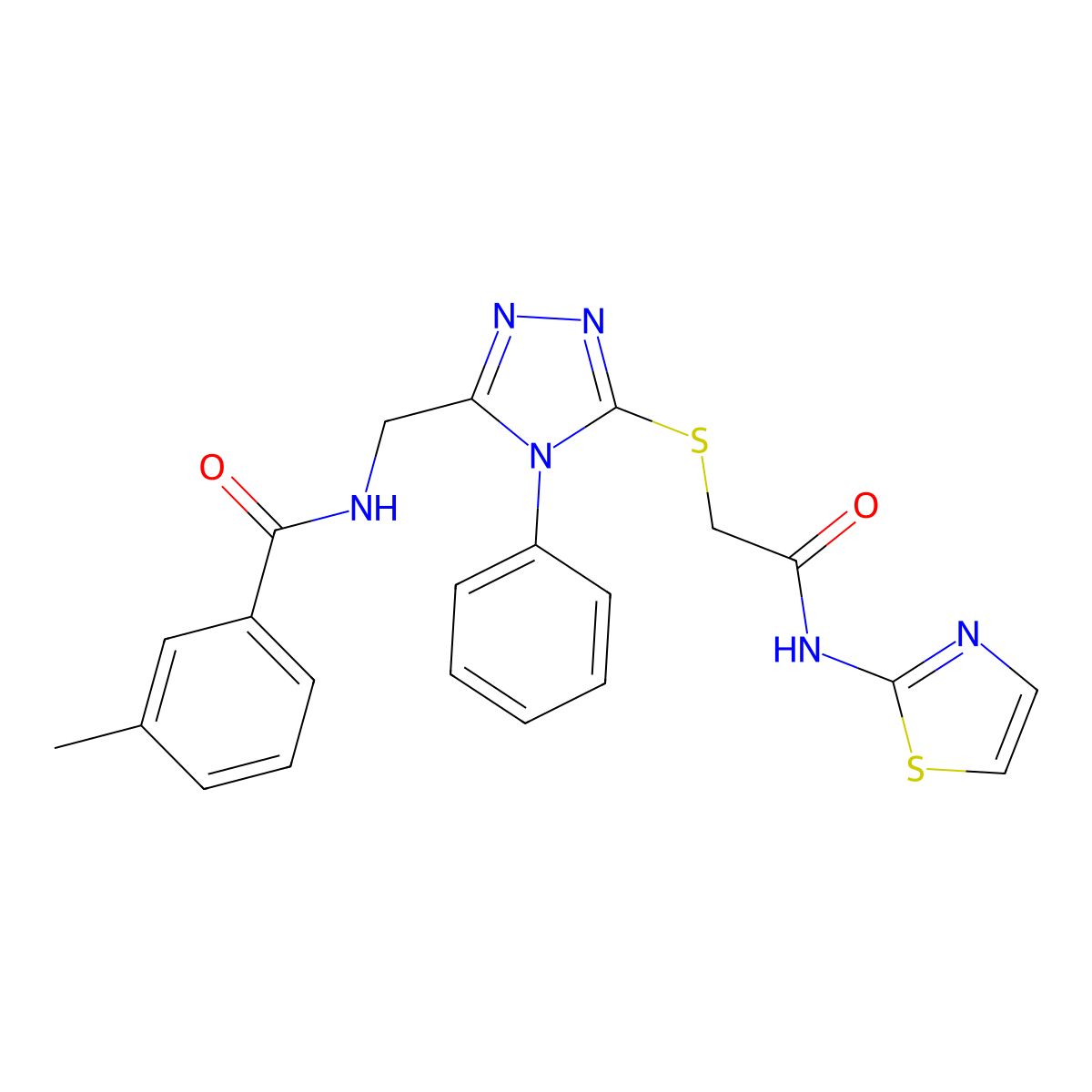 3-methyl-N-[[5-[2-oxo-2-(1,3-thiazol-2-ylamino)ethyl]sulfanyl-4-phenyl-1,2,4-triazol-3-yl]methyl]benzamide molecular structure, CAS 391915-64-3