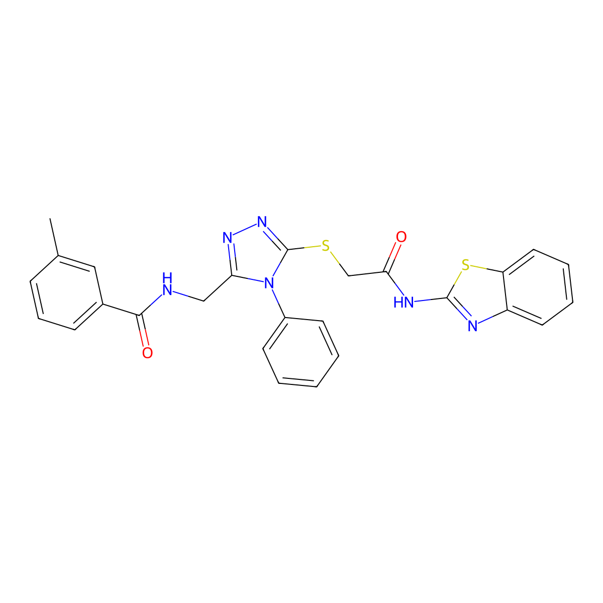 N-((5-((2-(benzo[d]thiazol-2-ylamino)-2-oxoethyl)thio)-4-phenyl-4H-1,2,4-triazol-3-yl)methyl)-3-methylbenzamide molecular structure, CAS 391915-66-5