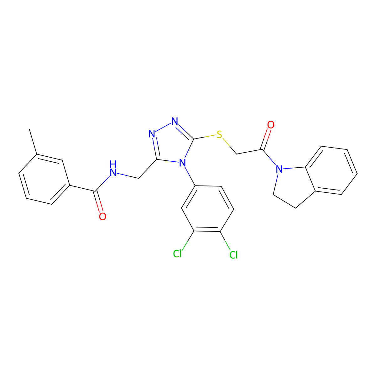 N-[[4-(3,4-dichlorophenyl)-5-[2-(2,3-dihydroindol-1-yl)-2-oxoethyl]sulfanyl-1,2,4-triazol-3-yl]methyl]-3-methylbenzamide molecular structure, CAS 391916-12-4