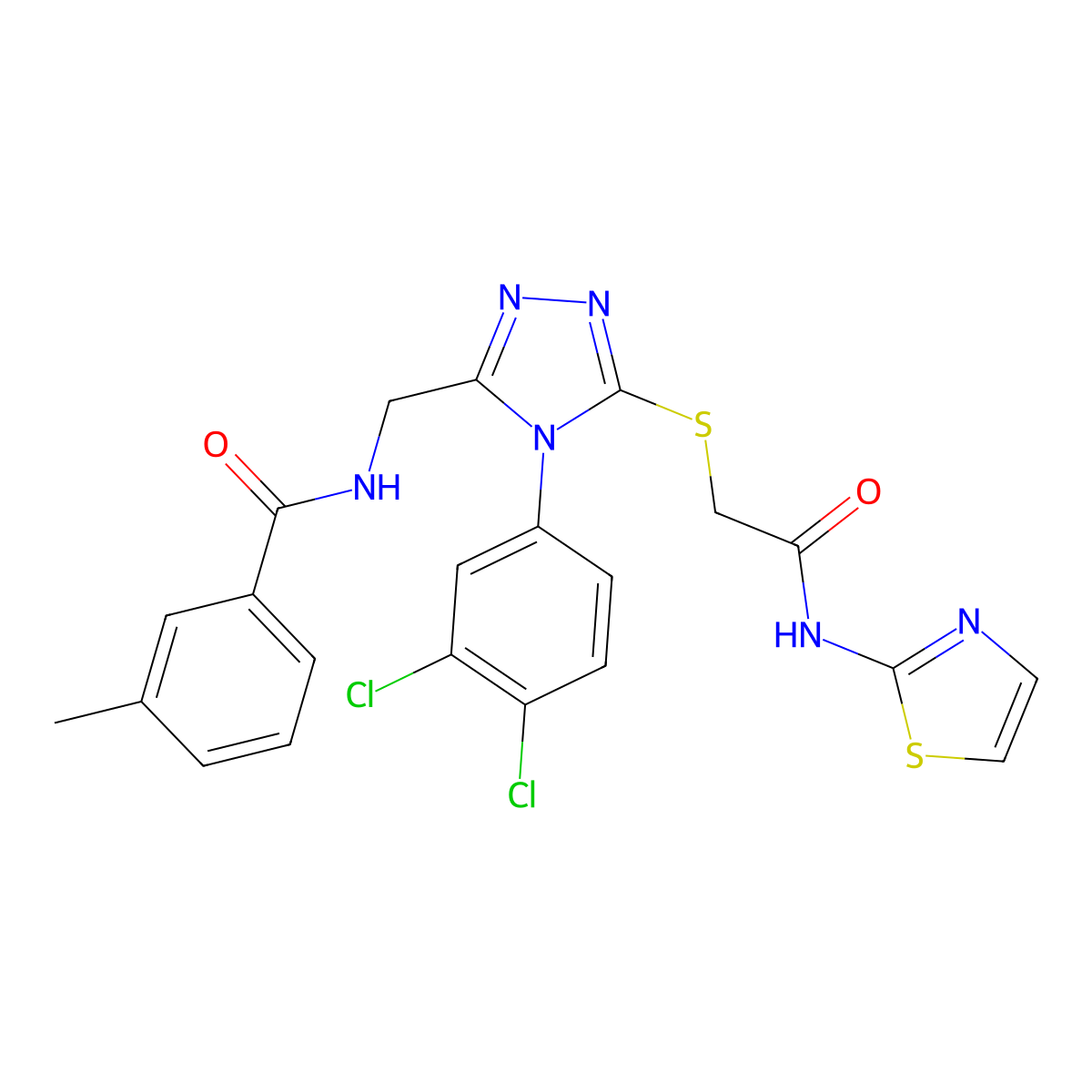 N-((4-(3,4-dichlorophenyl)-5-((2-oxo-2-(thiazol-2-ylamino)ethyl)thio)-4H-1,2,4-triazol-3-yl)methyl)-3-methylbenzamide molecular structure, CAS 391916-13-5